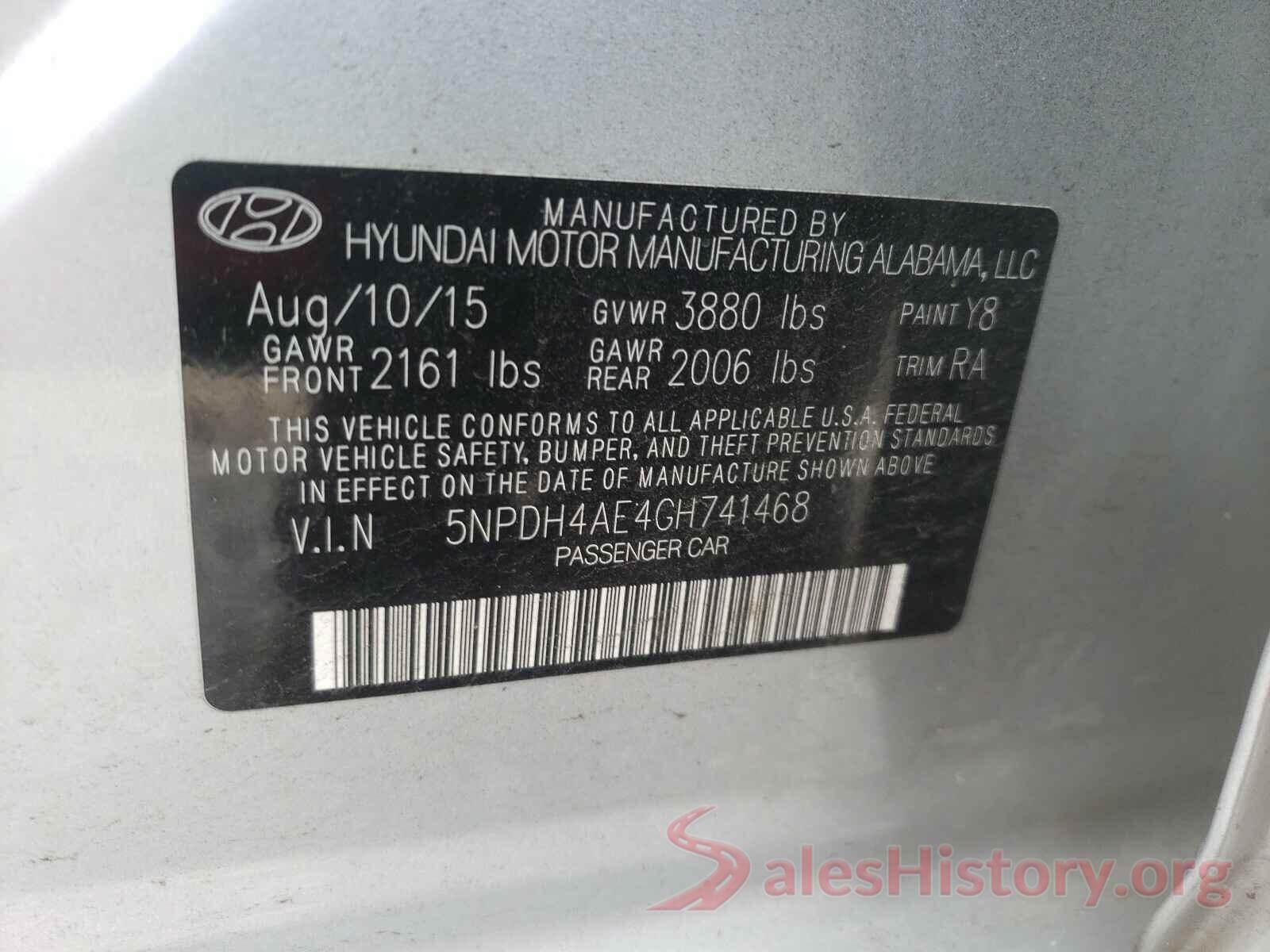 5NPDH4AE4GH741468 2016 HYUNDAI ELANTRA