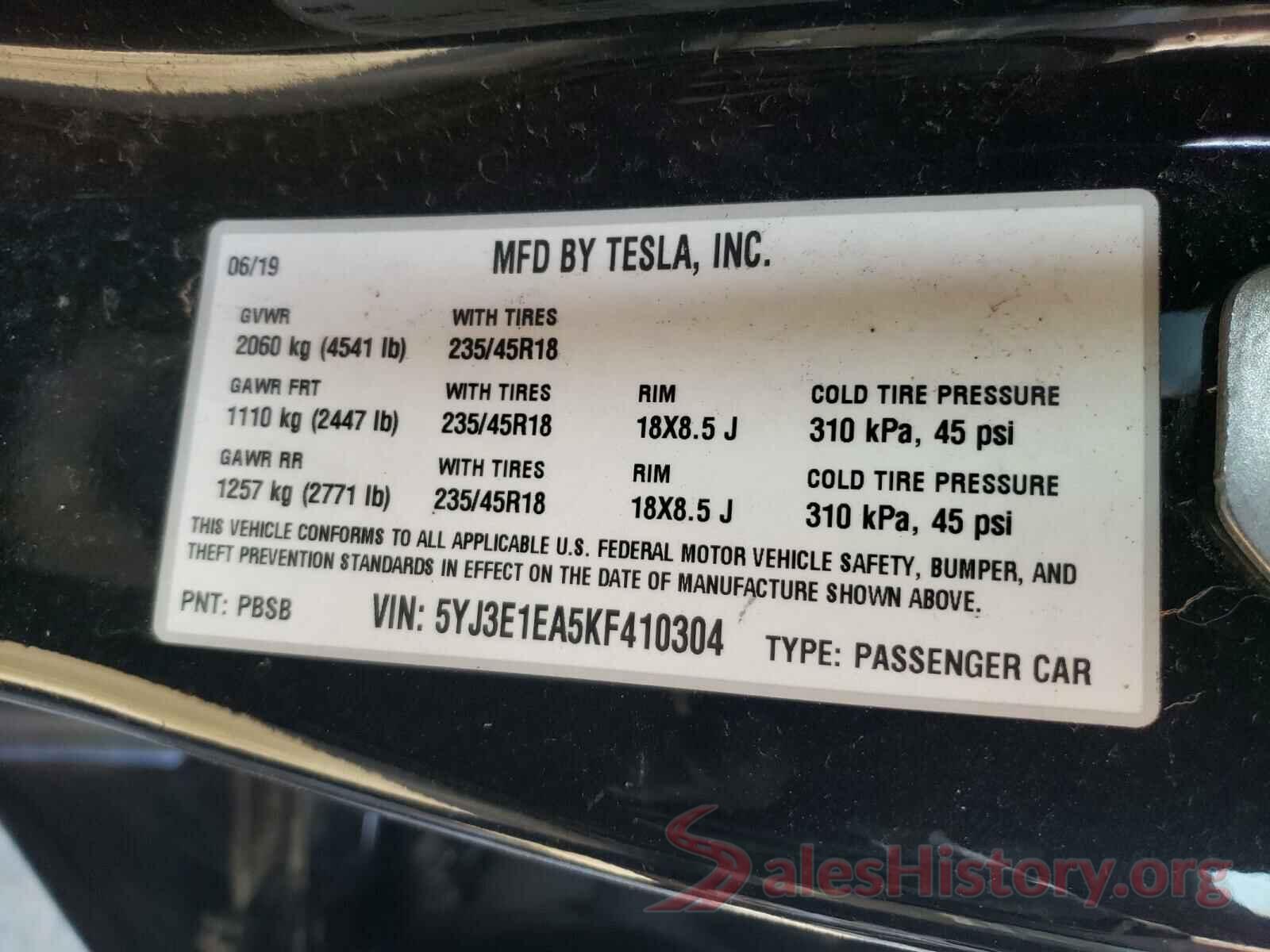 5YJ3E1EA5KF410304 2019 TESLA MODEL 3