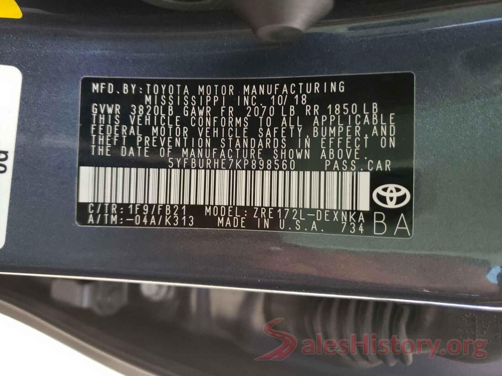 5YFBURHE7KP898560 2019 TOYOTA COROLLA