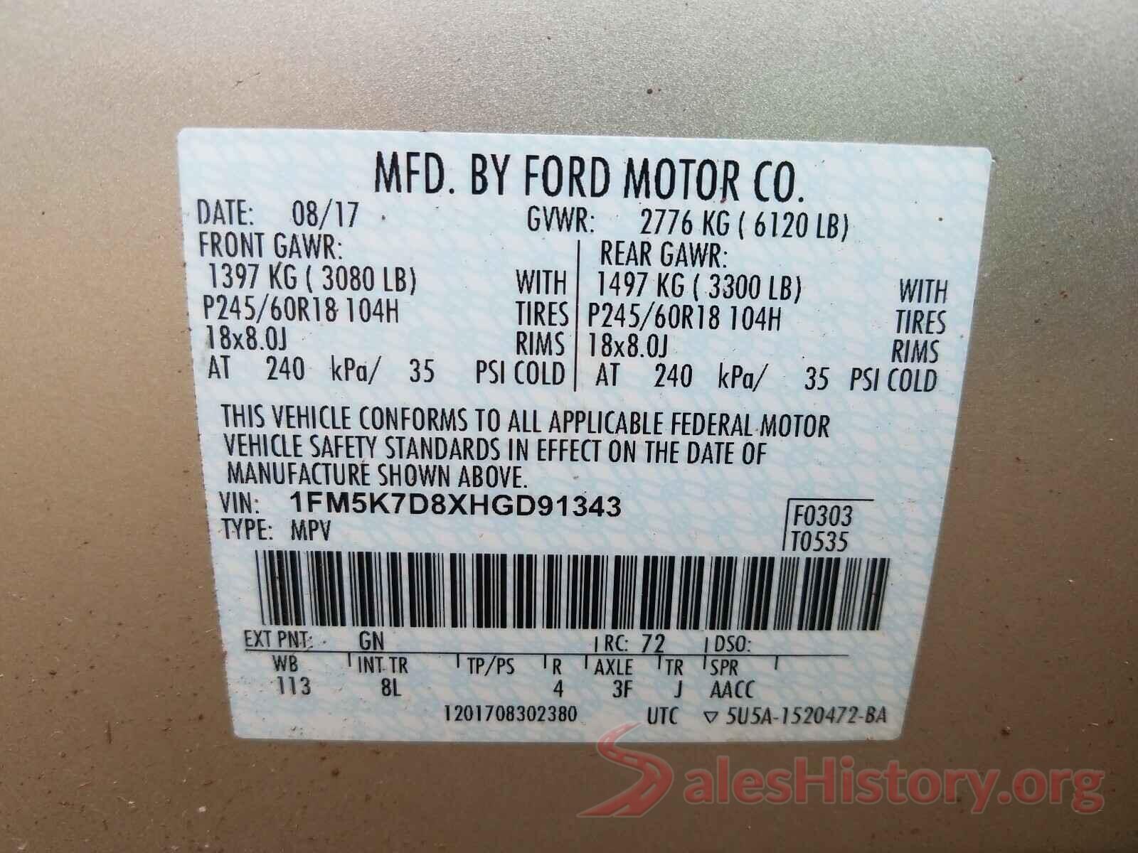 1FM5K7D8XHGD91343 2017 FORD EXPLORER