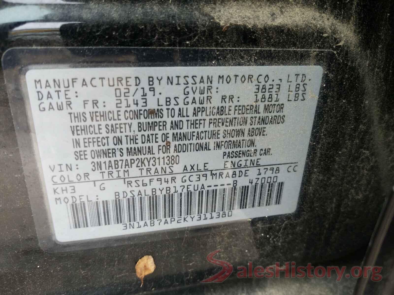 3N1AB7AP2KY311380 2019 NISSAN SENTRA