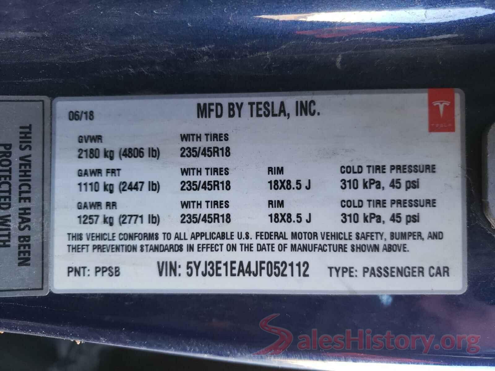 5YJ3E1EA4JF052112 2018 TESLA MODEL 3