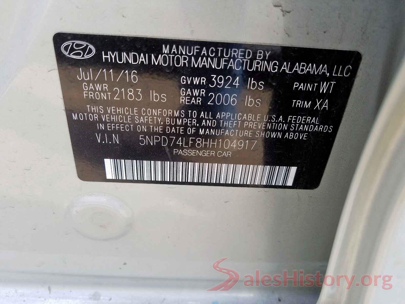 5NPD74LF8HH104917 2017 HYUNDAI ELANTRA