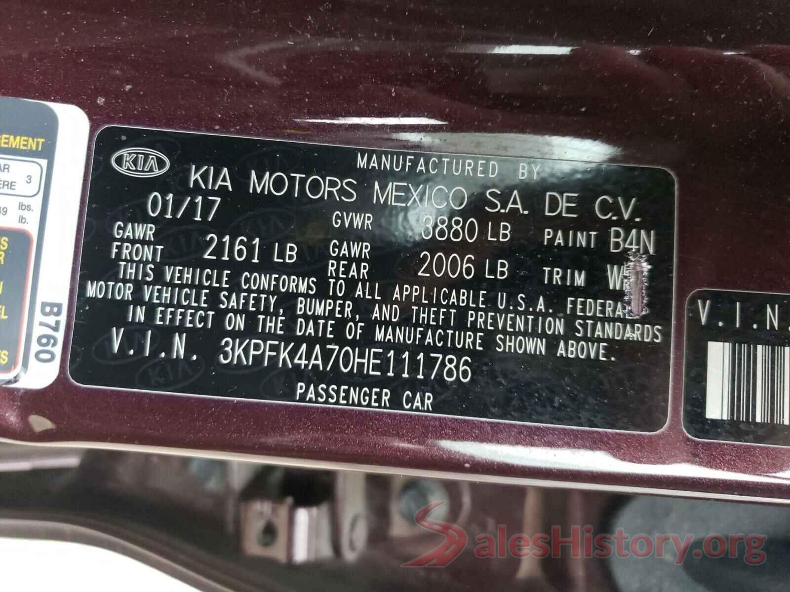 3KPFK4A70HE111786 2017 KIA FORTE