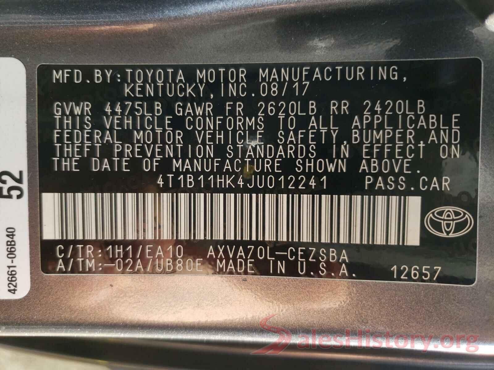 4T1B11HK4JU012241 2018 TOYOTA CAMRY