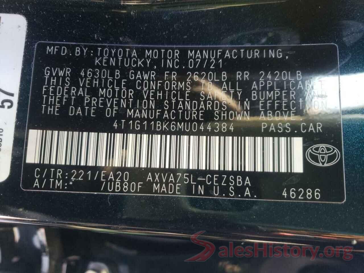 4T1G11BK6MU044384 2021 TOYOTA CAMRY