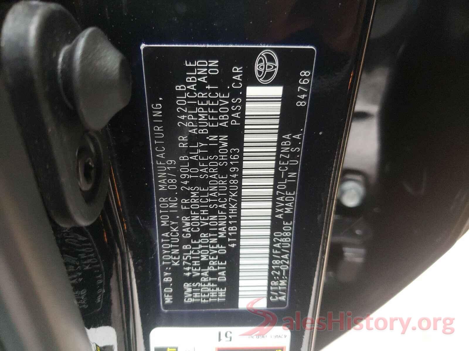 4T1B11HK7KU849163 2019 TOYOTA CAMRY