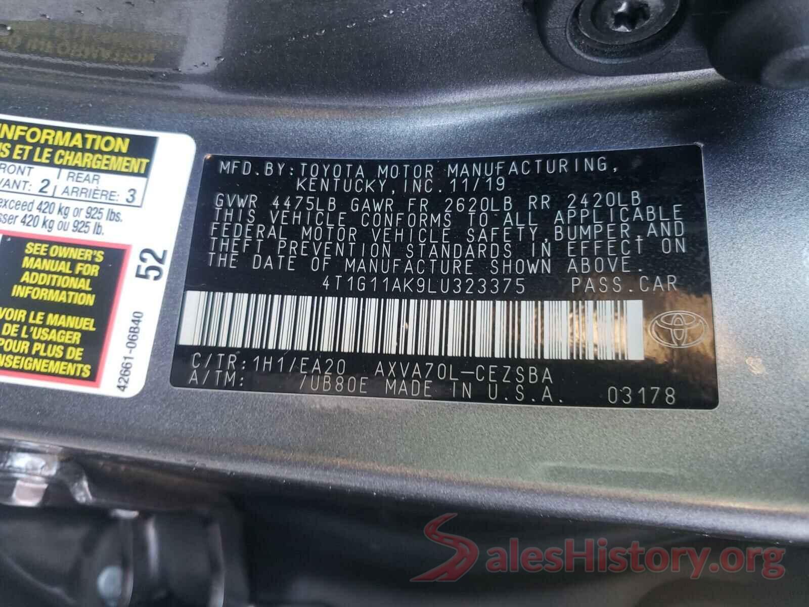 4T1G11AK9LU323375 2020 TOYOTA CAMRY