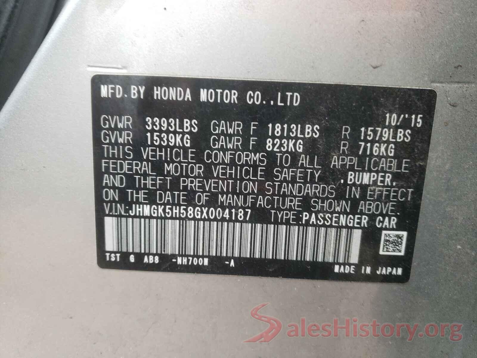 JHMGK5H58GX004187 2016 HONDA FIT