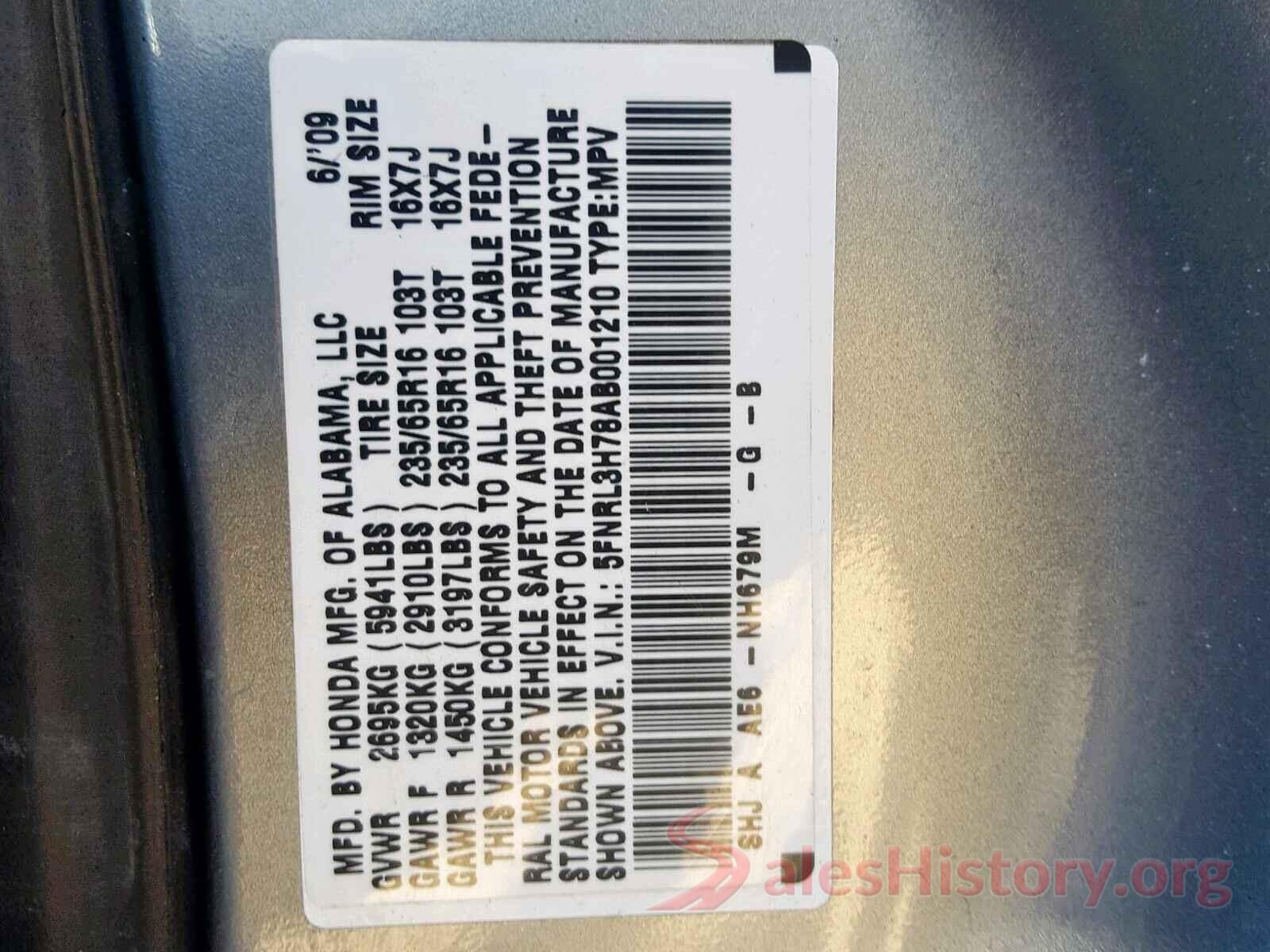 5FNRL3H78AB001210 2010 HONDA ODYSSEY EX