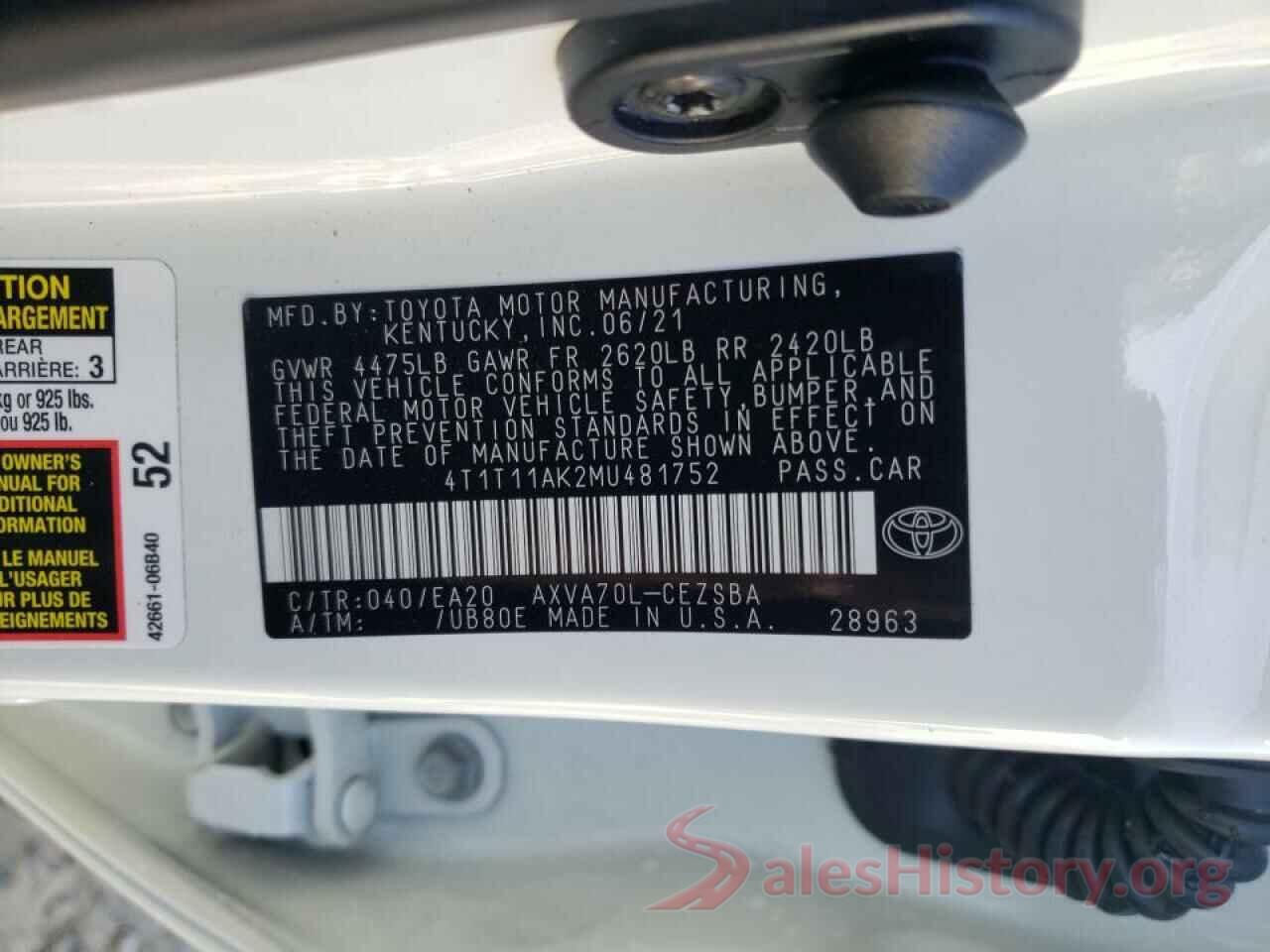 4T1T11AK2MU481752 2021 TOYOTA CAMRY