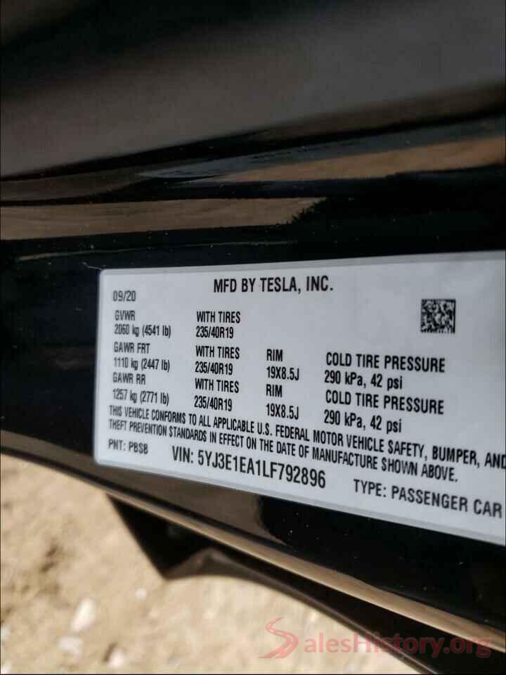 5YJ3E1EA1LF792896 2020 TESLA MODEL 3