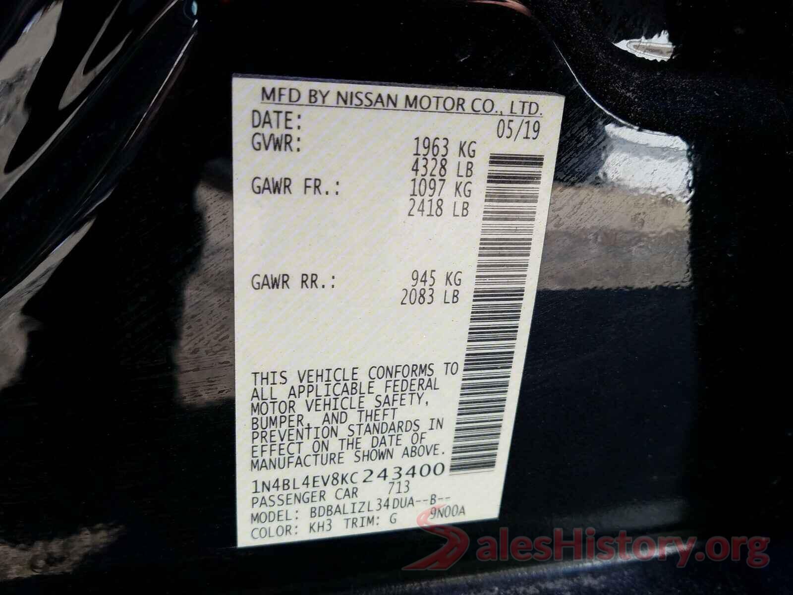 1N4BL4EV8KC243400 2019 NISSAN ALTIMA