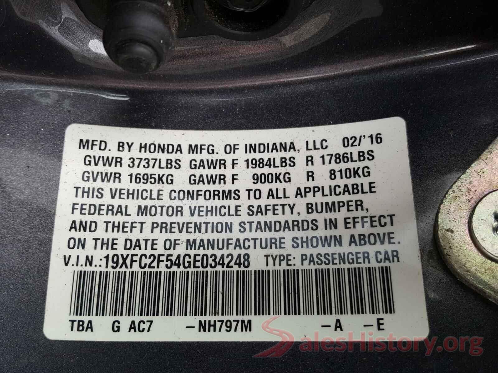 19XFC2F54GE034248 2016 HONDA CIVIC