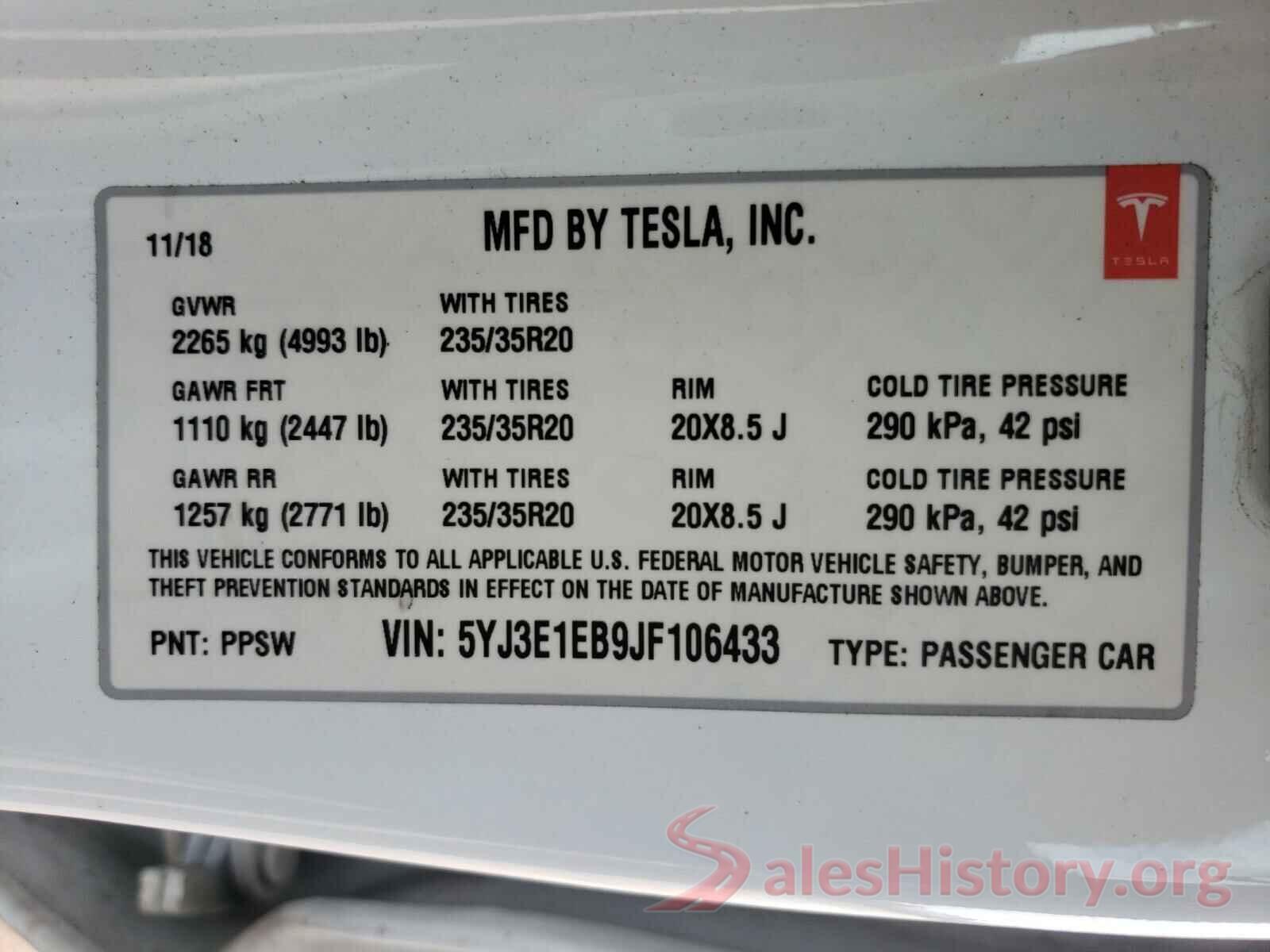 5YJ3E1EB9JF106433 2018 TESLA MODEL 3