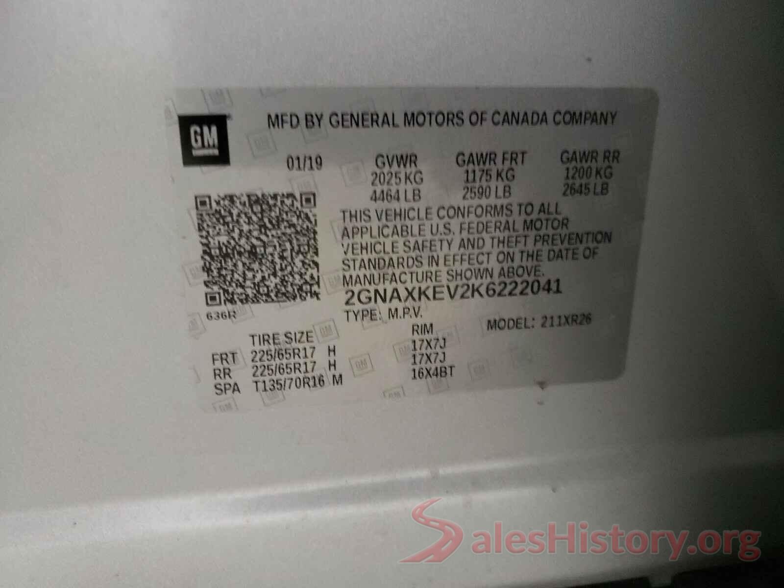 2GNAXKEV2K6222041 2019 CHEVROLET EQUINOX