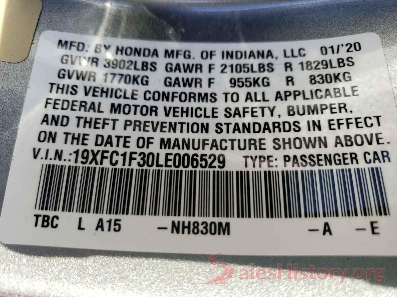 19XFC1F30LE006529 2020 HONDA CIVIC