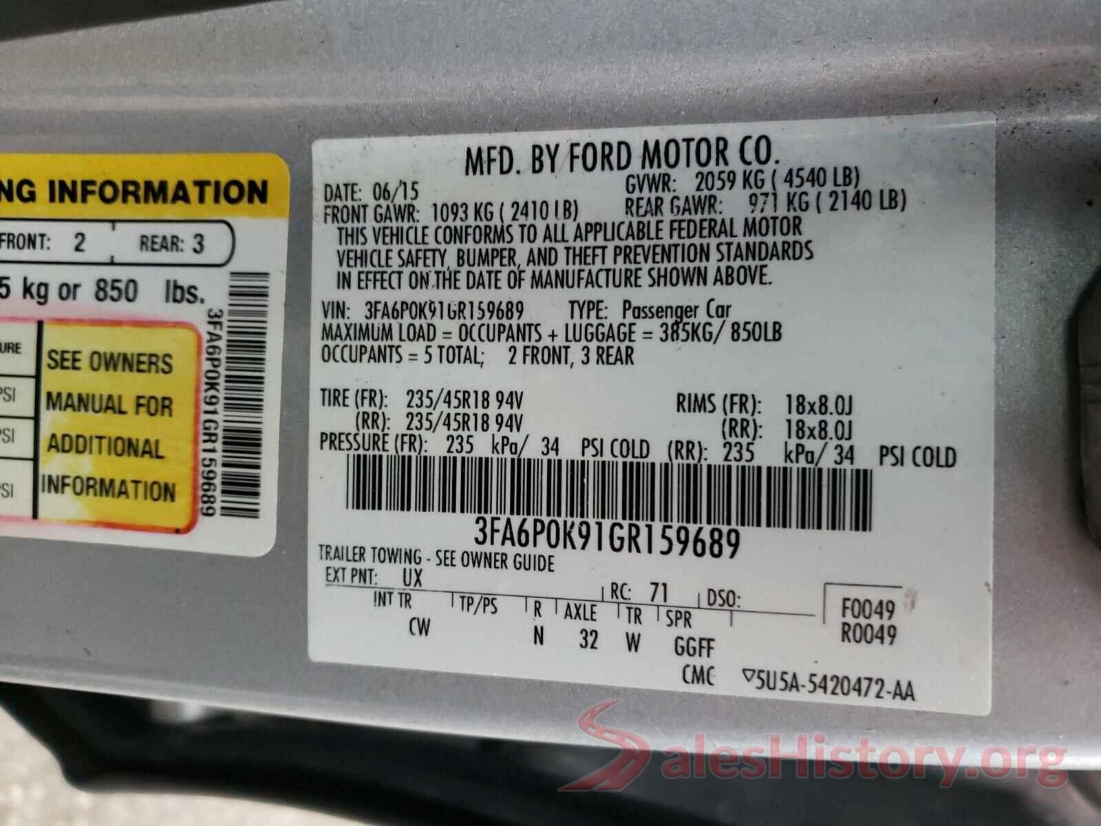 3FA6P0K91GR159689 2016 FORD FUSION