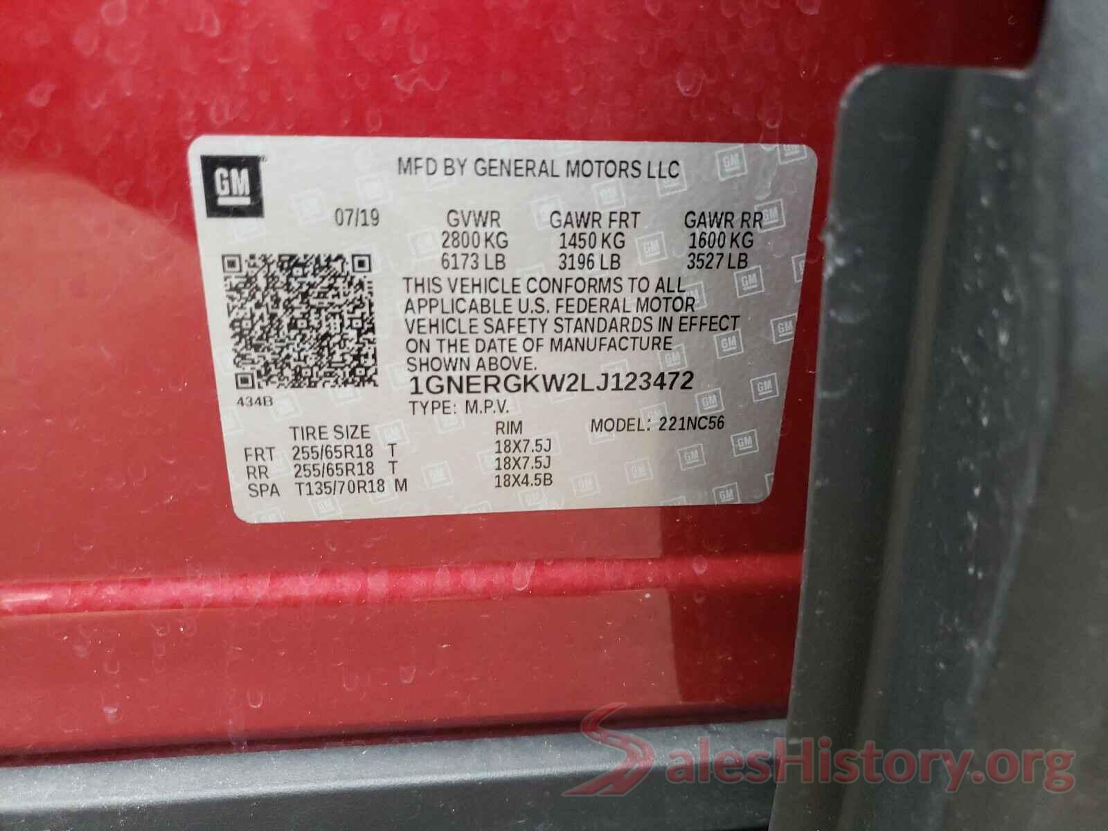 1GNERGKW2LJ123472 2020 CHEVROLET TRAVERSE