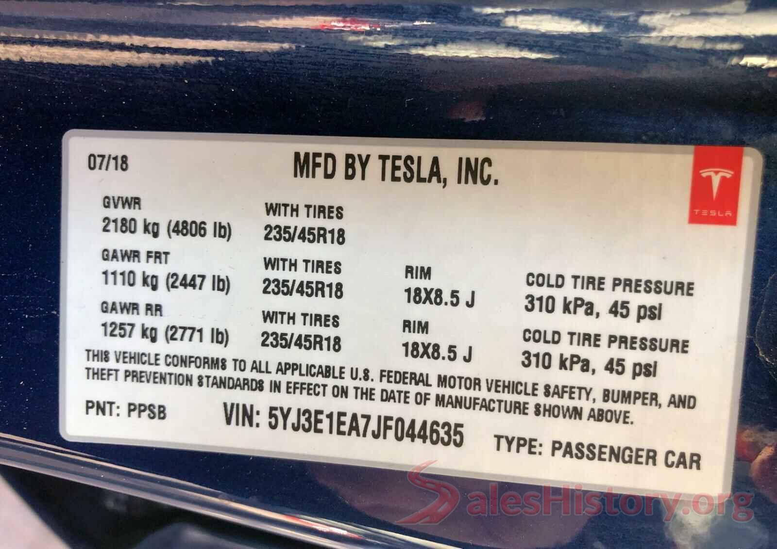 5YJ3E1EA7JF044635 2018 TESLA MODEL 3