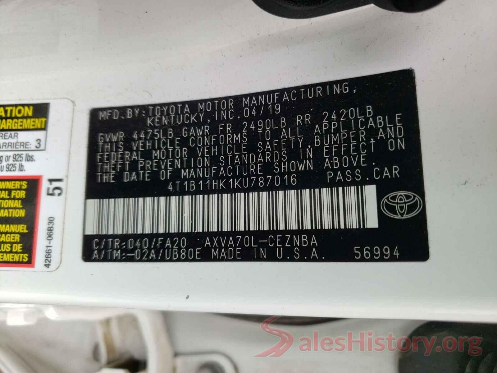 4T1B11HK1KU787016 2019 TOYOTA CAMRY