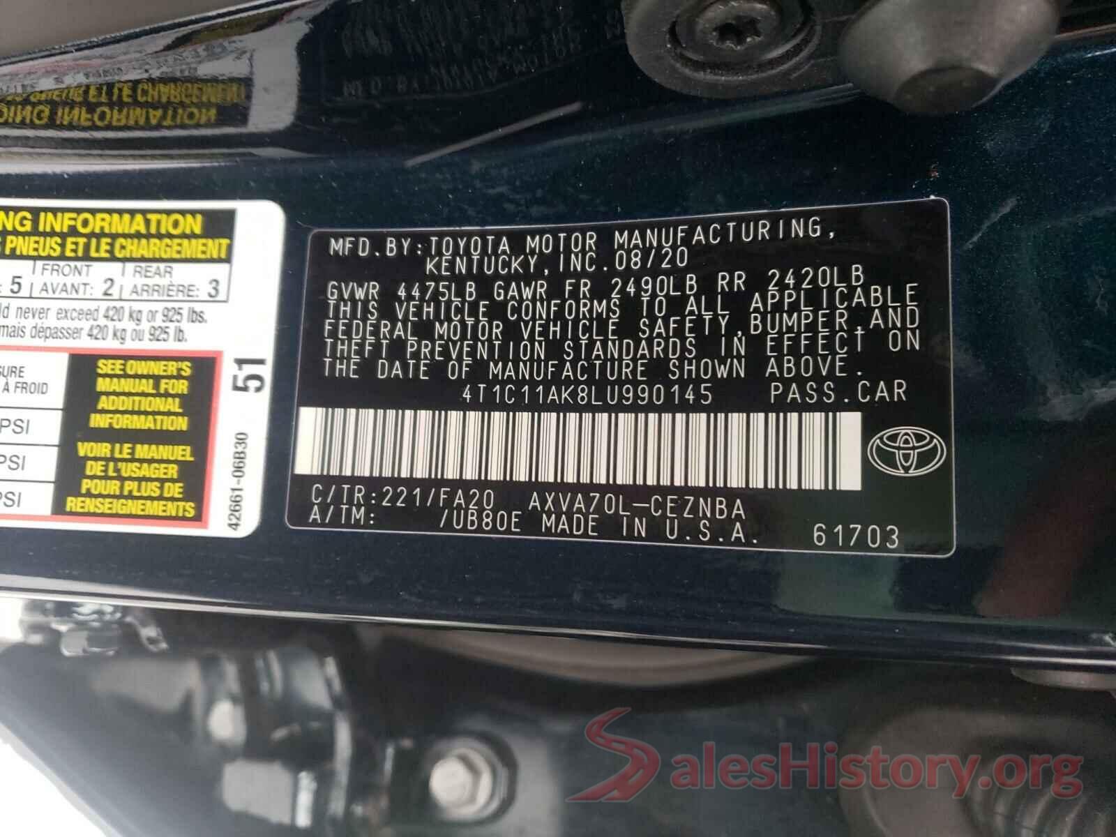 4T1C11AK8LU990145 2020 TOYOTA CAMRY