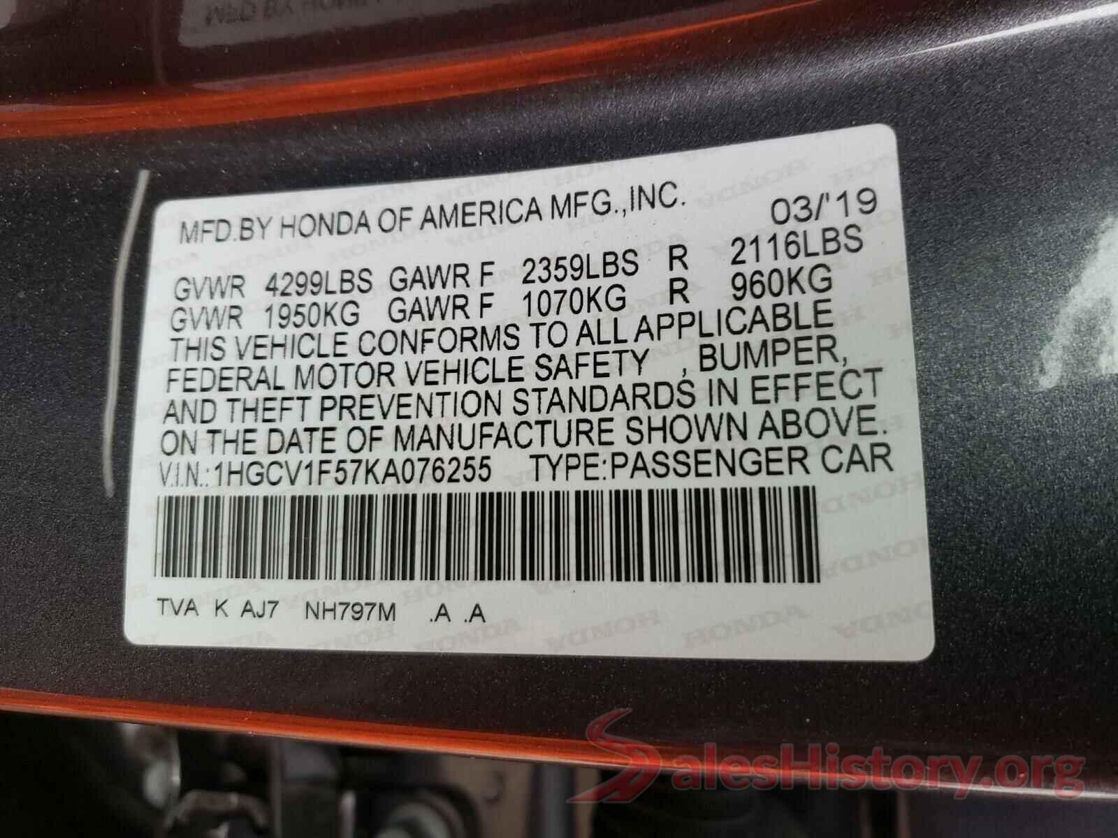 1HGCV1F57KA076255 2019 HONDA ACCORD