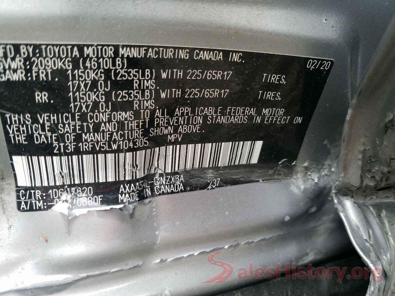 2T3F1RFV5LW104305 2020 TOYOTA RAV4