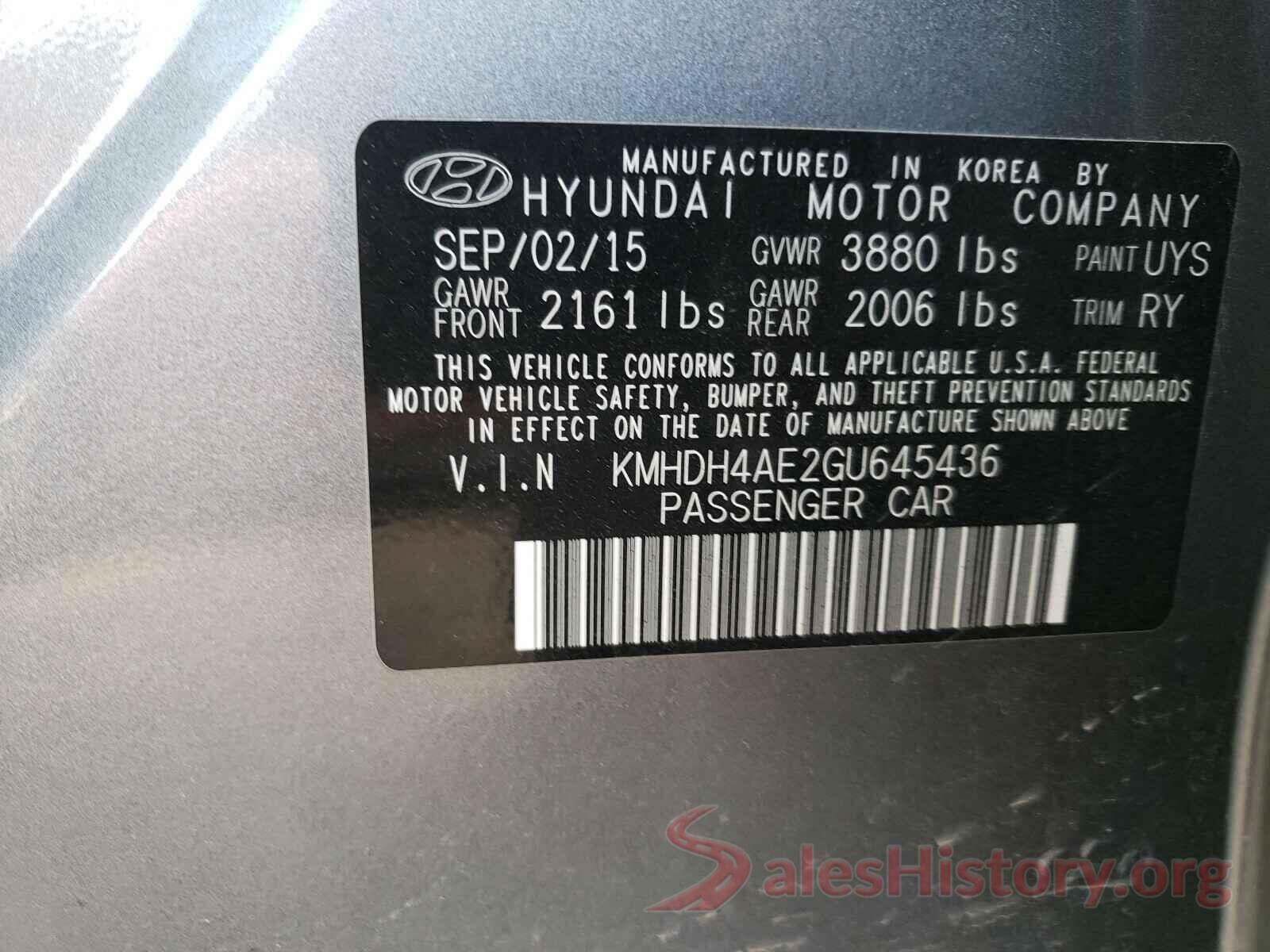 KMHDH4AE2GU645436 2016 HYUNDAI ELANTRA