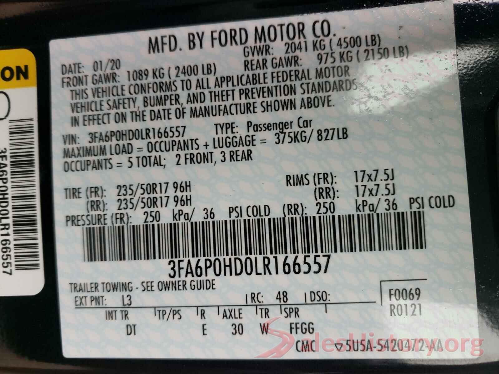 3FA6P0HD0LR166557 2020 FORD FUSION