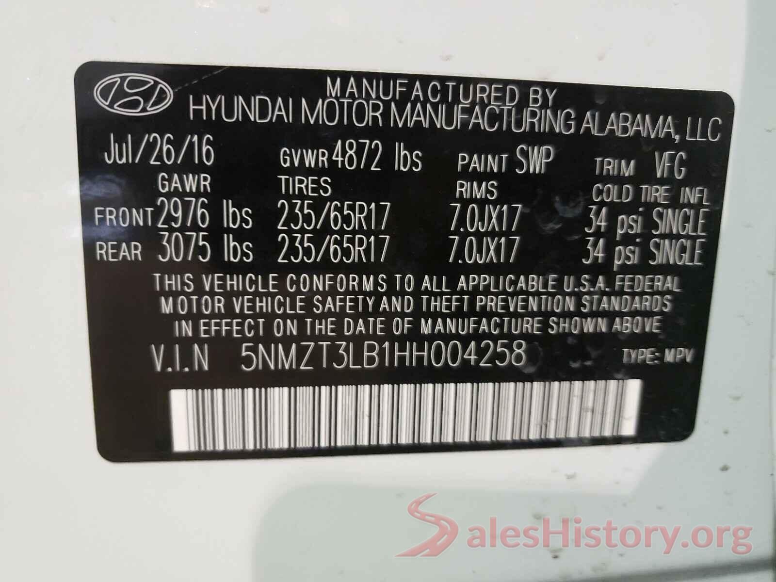 5NMZT3LB1HH004258 2017 HYUNDAI SANTA FE