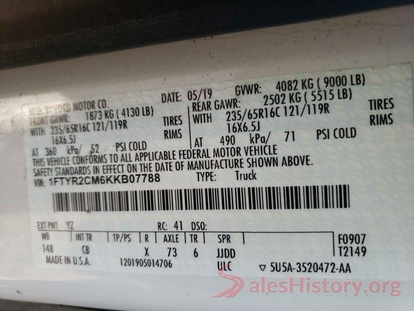 1FTYR2CM6KKB07788 2019 FORD TRANSIT CO