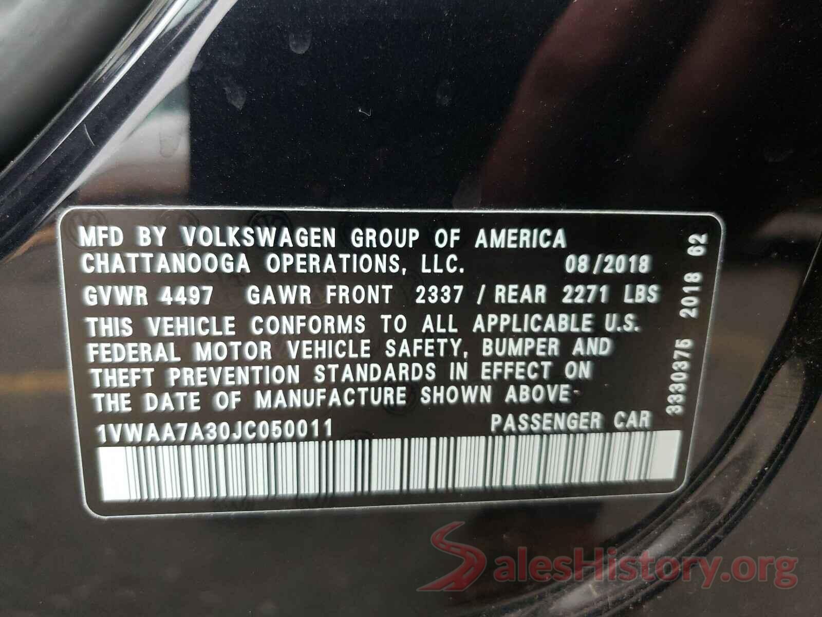 1VWAA7A30JC050011 2018 VOLKSWAGEN PASSAT