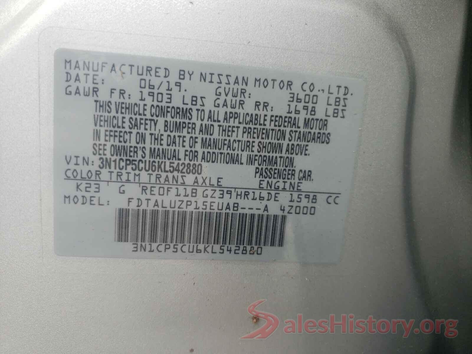 3N1CP5CU6KL542880 2019 NISSAN KICKS