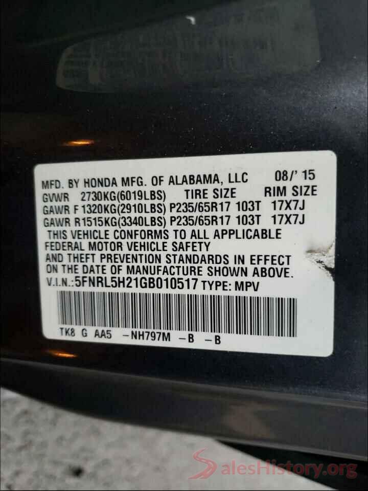 5FNRL5H21GB010517 2016 HONDA ODYSSEY