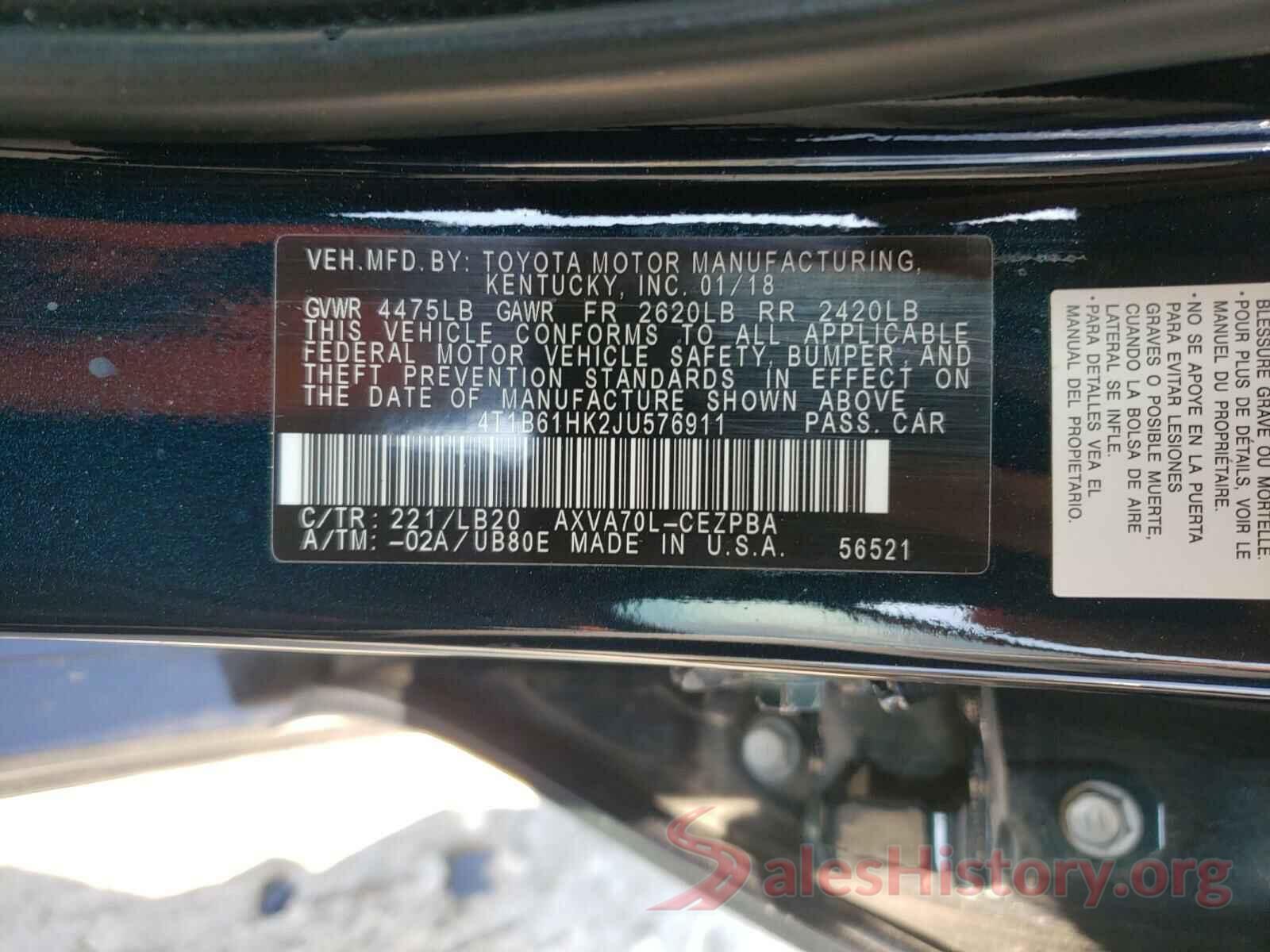 4T1B61HK2JU576911 2018 TOYOTA CAMRY