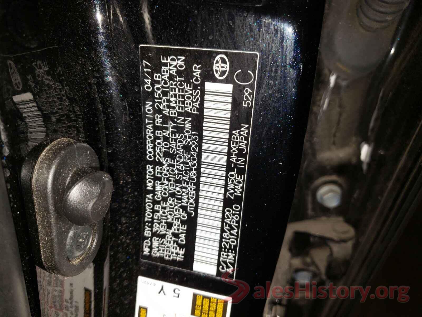 JTDKBRFU8H3042931 2017 TOYOTA PRIUS