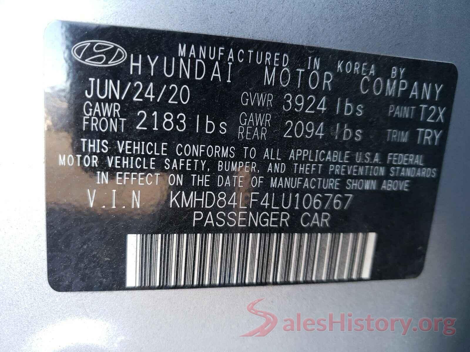 KMHD84LF4LU106767 2020 HYUNDAI ELANTRA