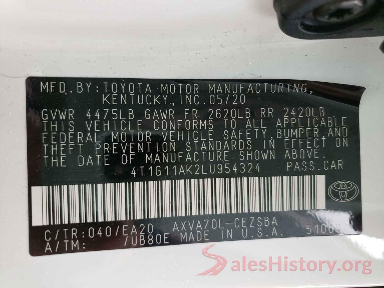 4T1G11AK2LU954324 2020 TOYOTA CAMRY