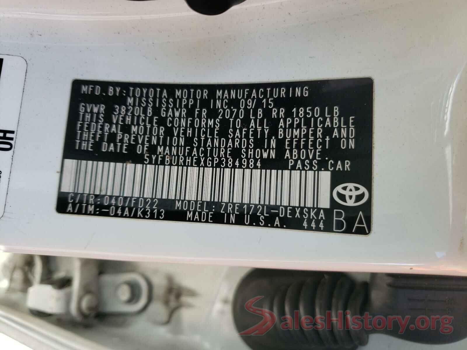 5YFBURHEXGP384984 2016 TOYOTA COROLLA