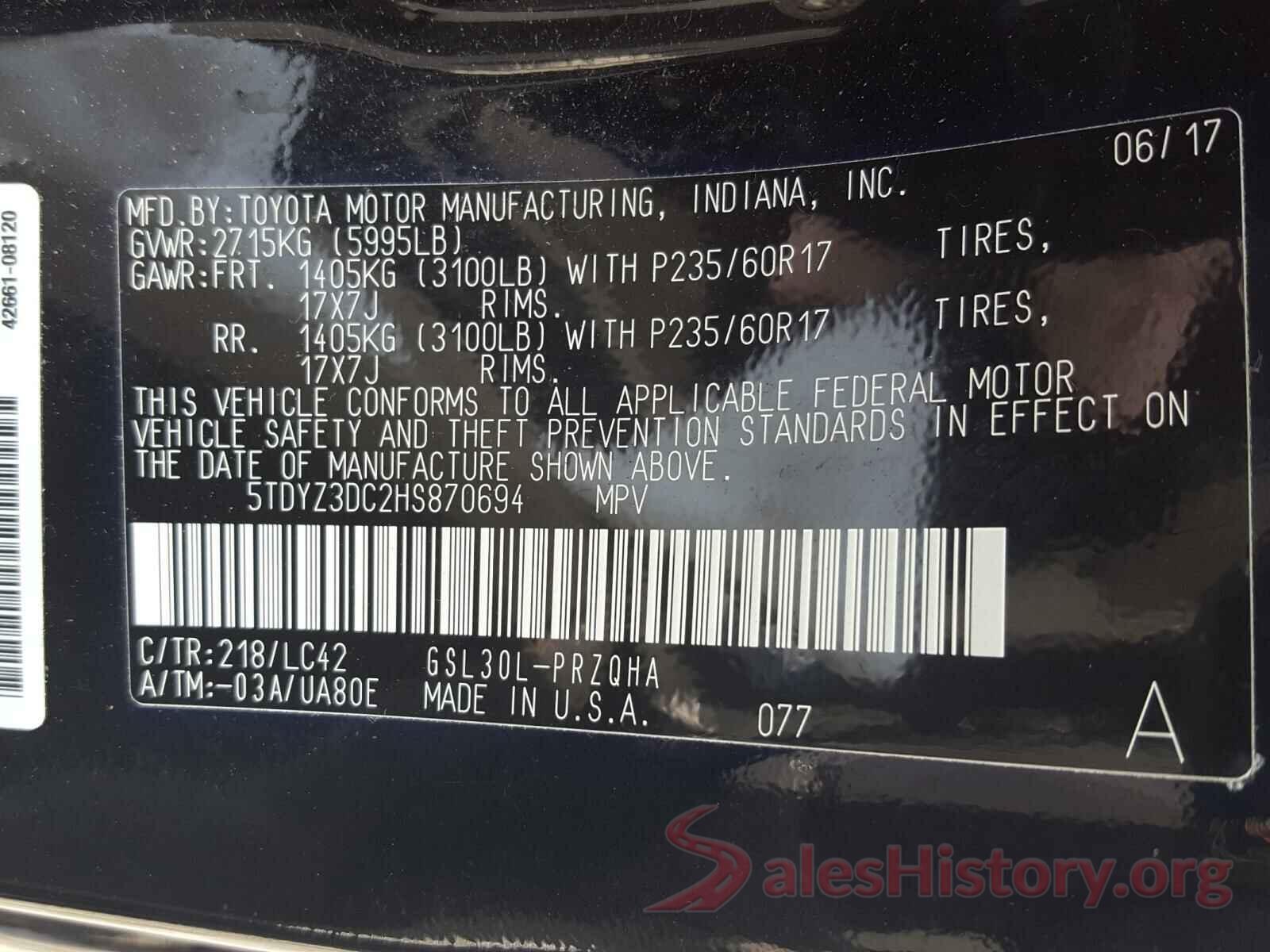 5TDYZ3DC2HS870694 2017 TOYOTA SIENNA