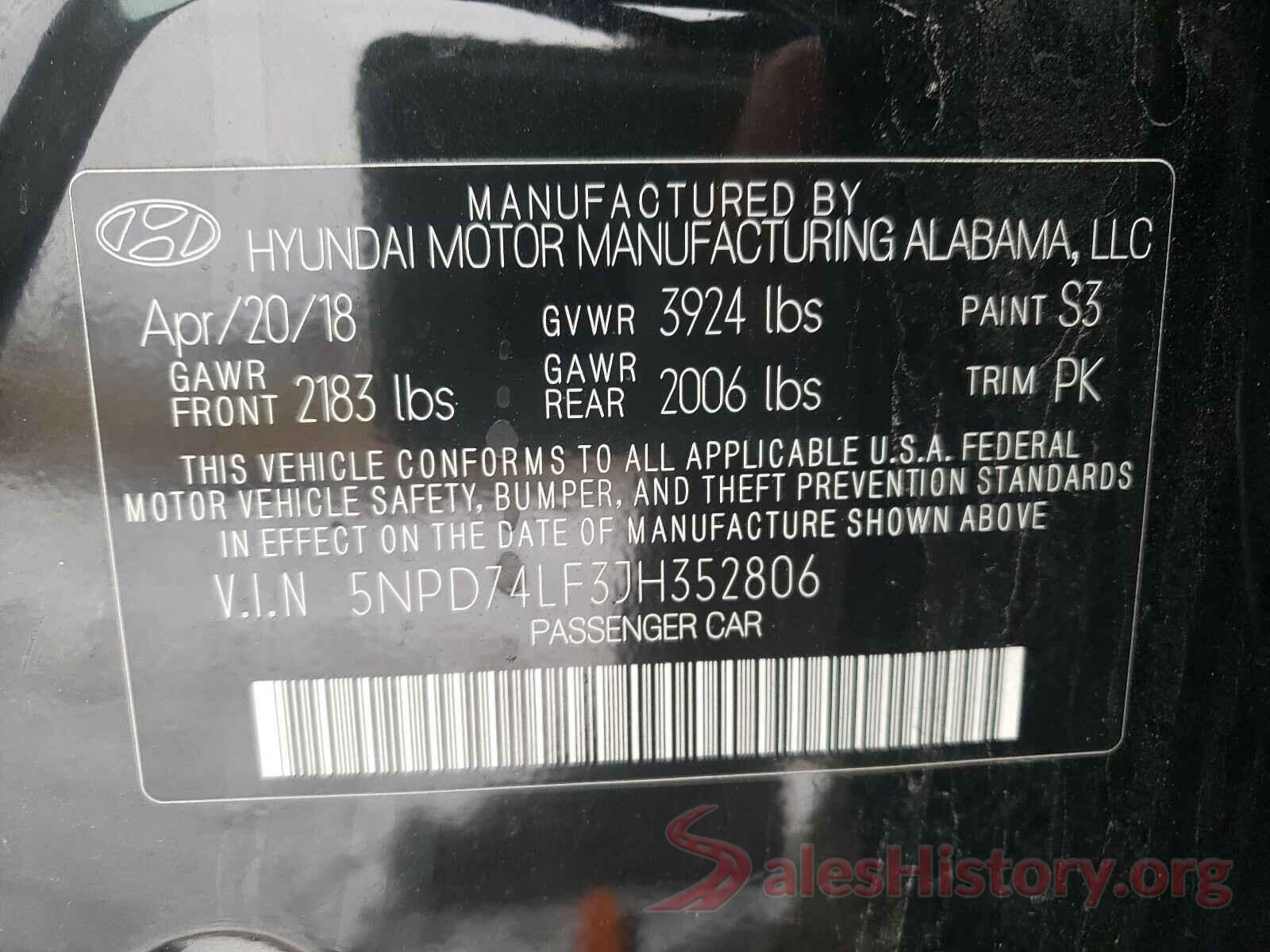 5NPD74LF3JH352806 2018 HYUNDAI ELANTRA