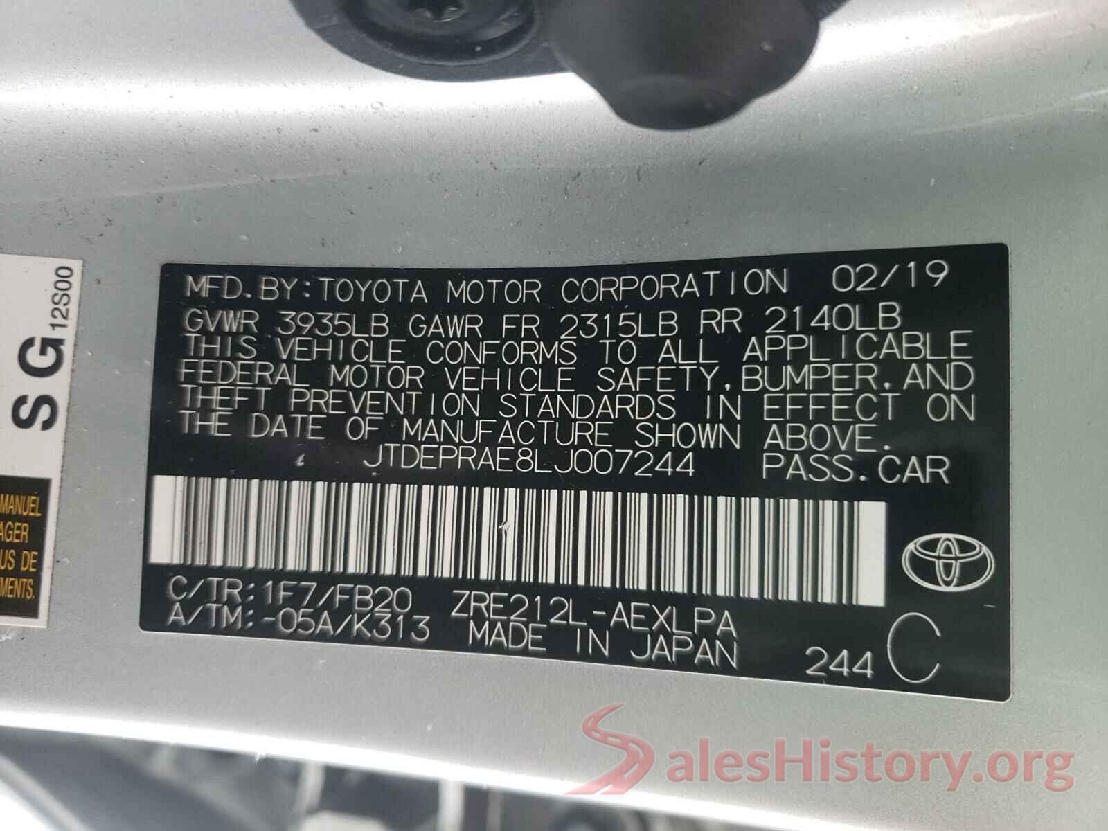 JTDEPRAE8LJ007244 2020 TOYOTA COROLLA