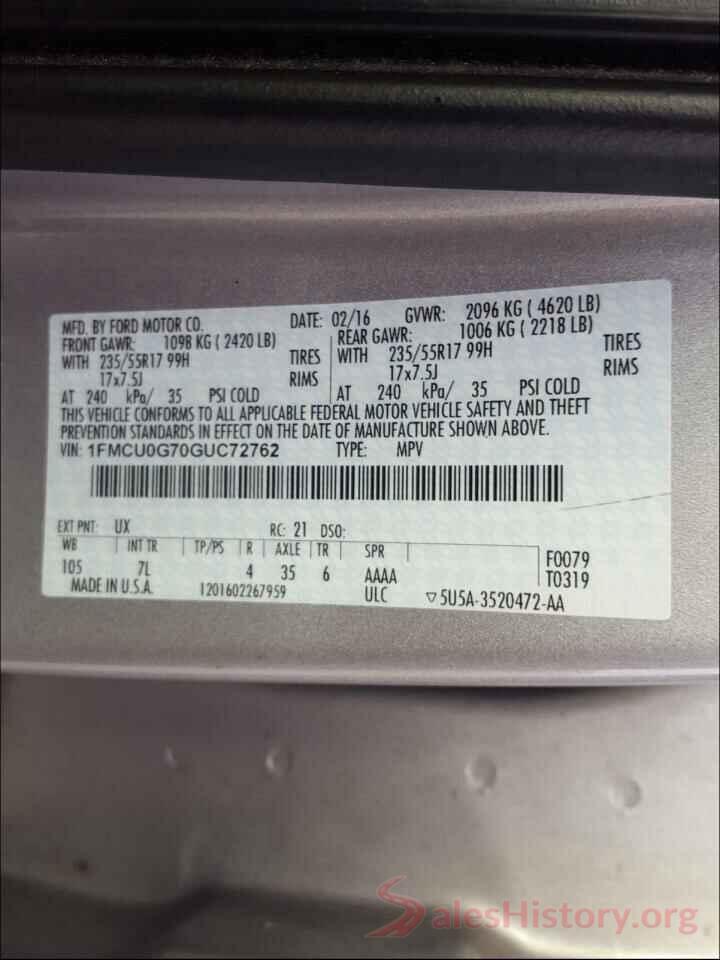 1FMCU0G70GUC72762 2016 FORD ESCAPE