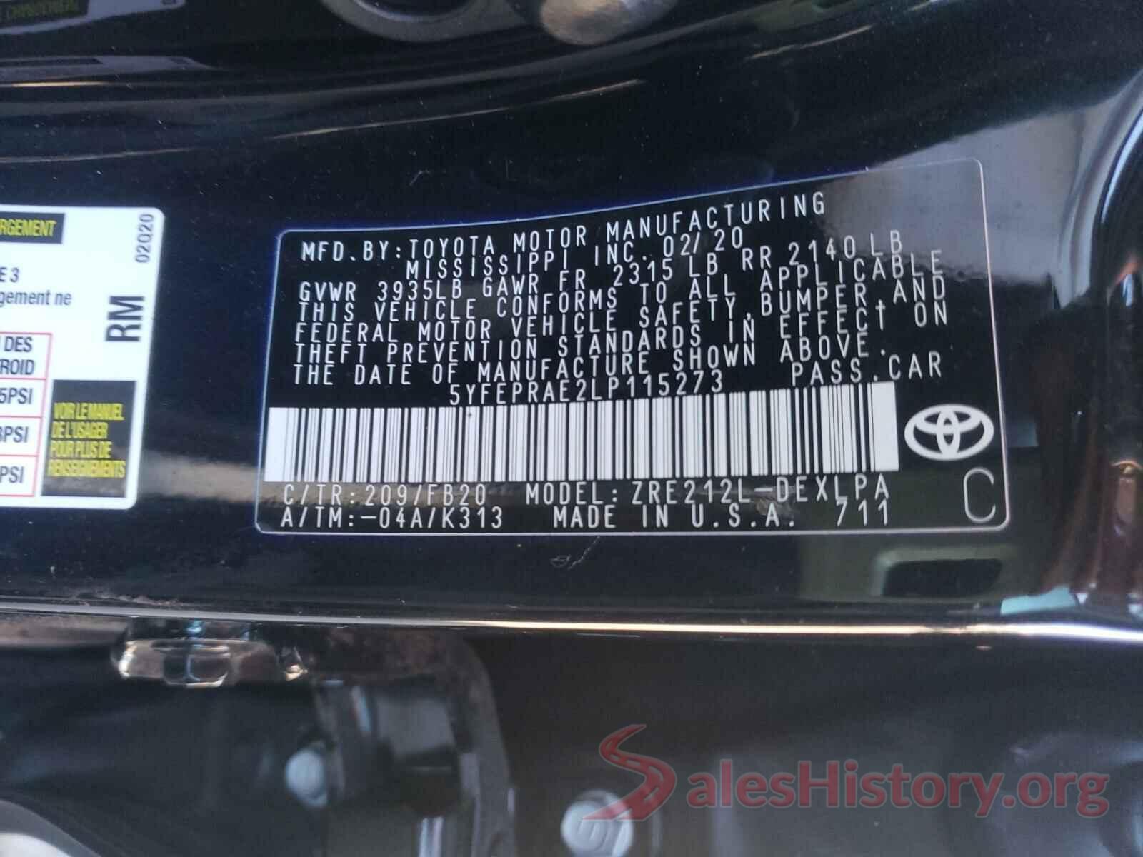 5YFEPRAE2LP115273 2020 TOYOTA COROLLA