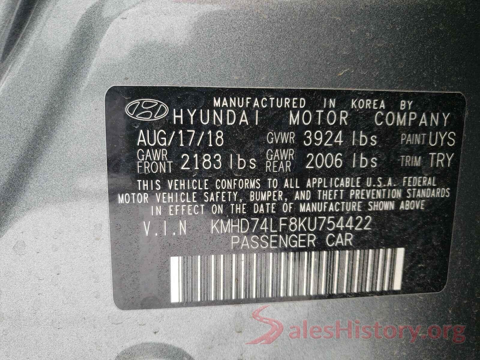 KMHD74LF8KU754422 2019 HYUNDAI ELANTRA