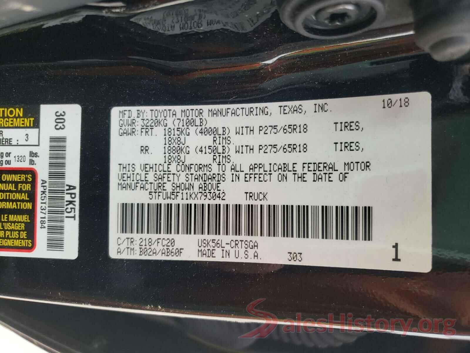 5TFUW5F11KX793042 2019 TOYOTA TUNDRA