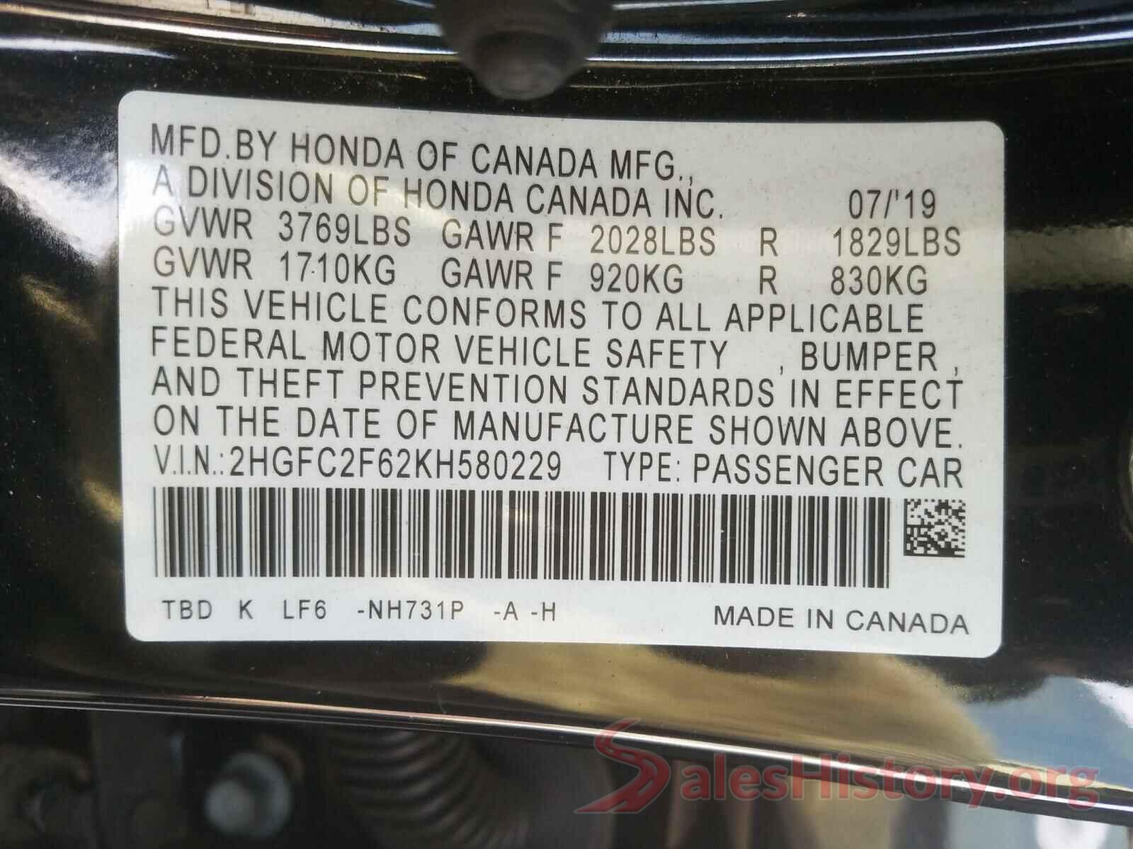 2HGFC2F62KH580229 2019 HONDA CIVIC