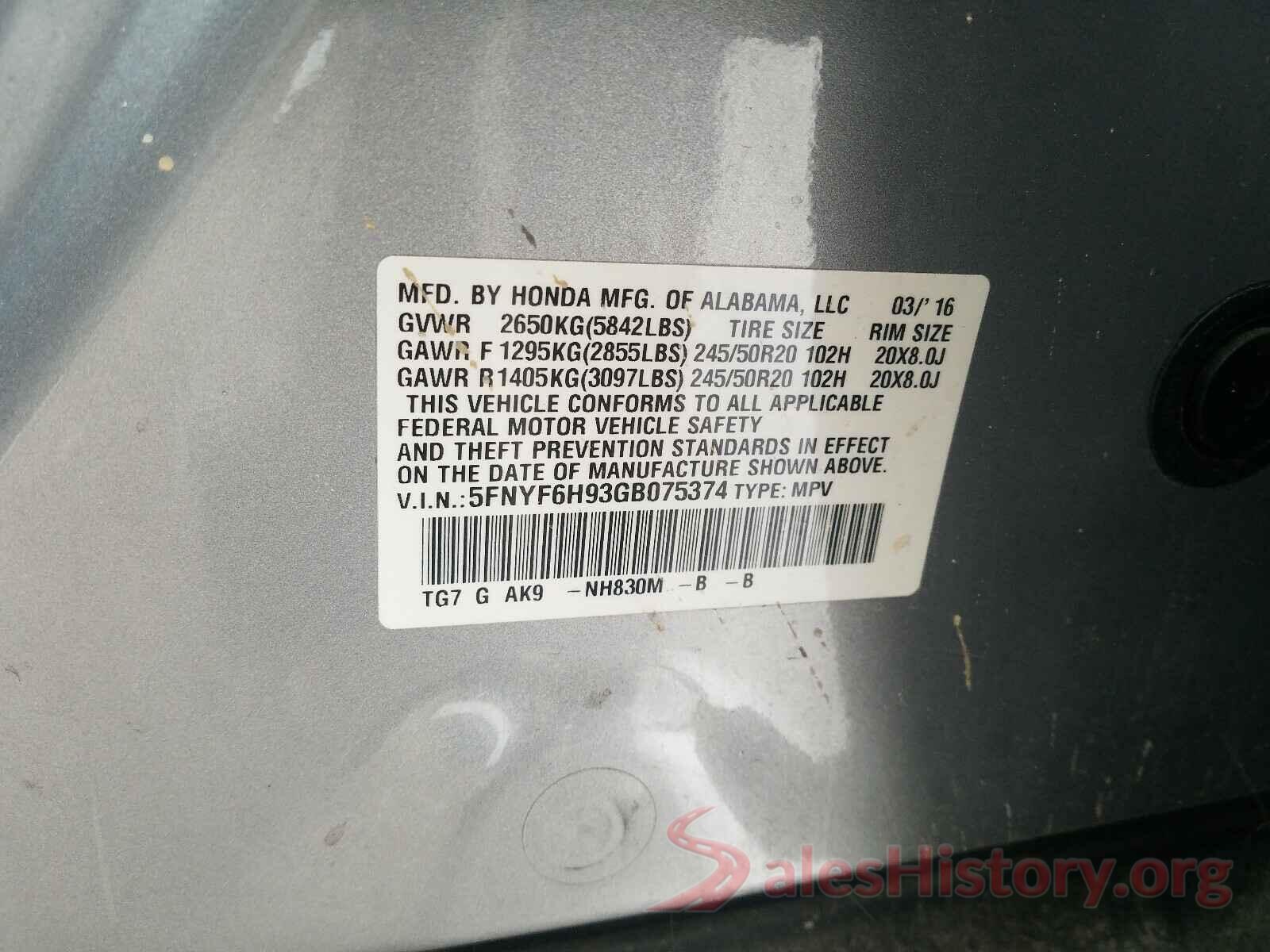 5FNYF6H93GB075374 2016 HONDA PILOT