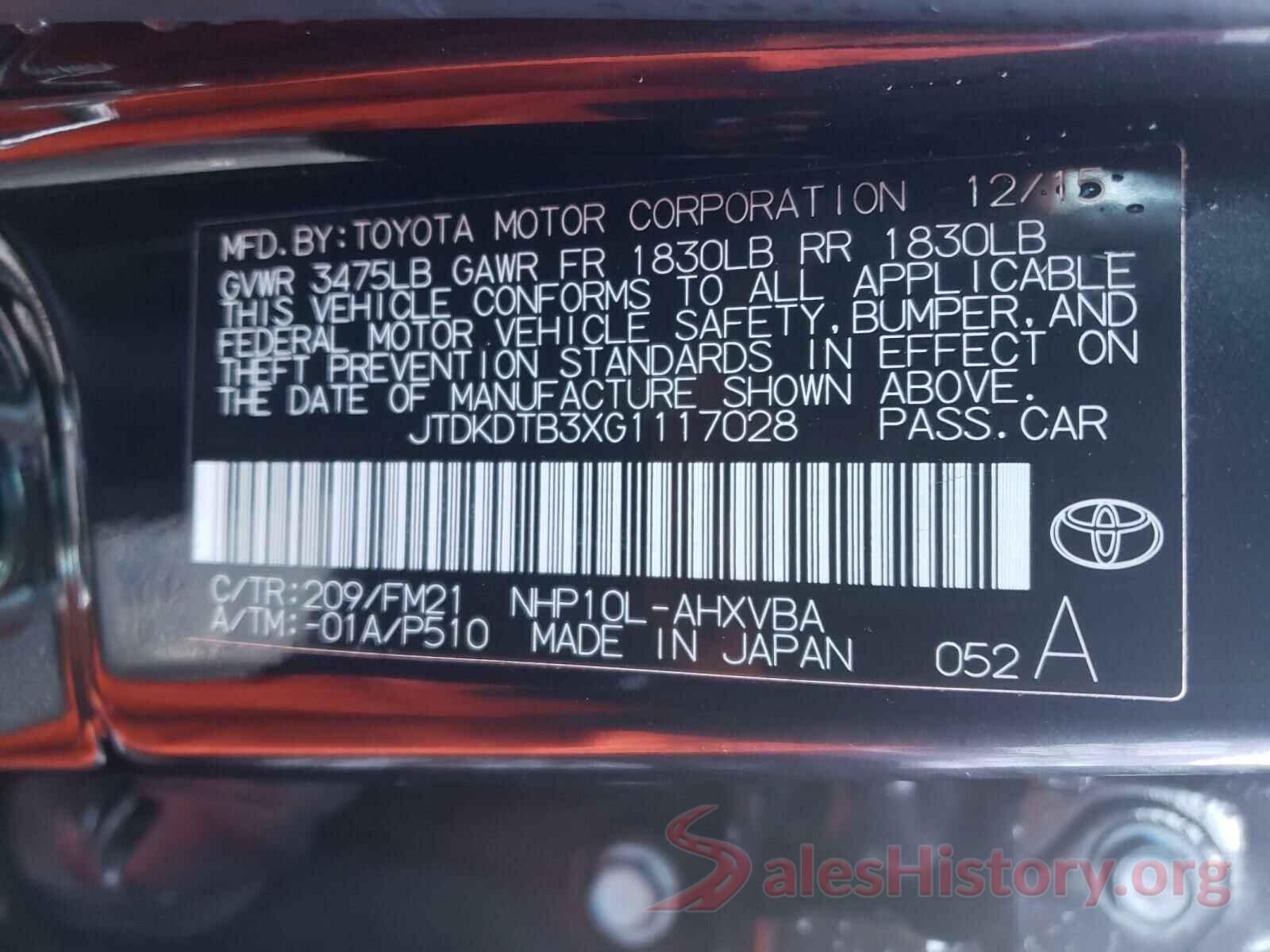 JTDKDTB3XG1117028 2016 TOYOTA PRIUS